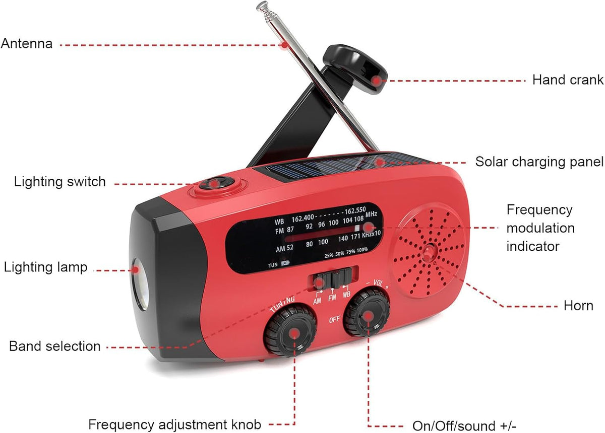 Emergency Crank Radio - Solar Powered / LED Flashlight / Power Bank